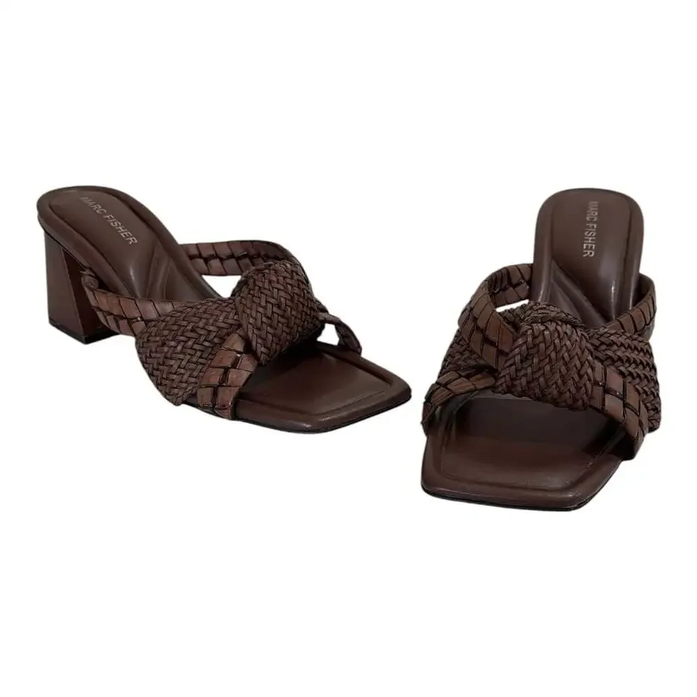 Marc Fisher Women's Square Toe Woven Block Heel Mules in Dark Brown - Picture 4 of 6